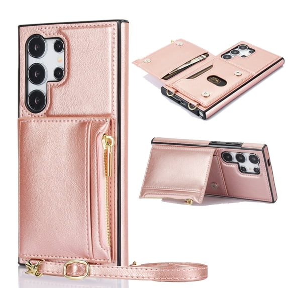 ELEHOLD Wallet Crossbody Case for Samsung Galaxy S24 Ultra,Back Flip Card Slots Zipper Pocket Kickstand Function Shockproof Purse Case with Crossbody Strap,Rosegold