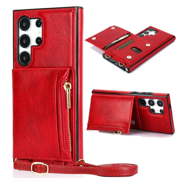 ELEHOLD Wallet Crossbody Case for Samsung Galaxy S24 Ultra,Back Flip Card Slots Zipper Pocket Kickstand Function Shockproof Purse Case with Crossbody Strap,Red