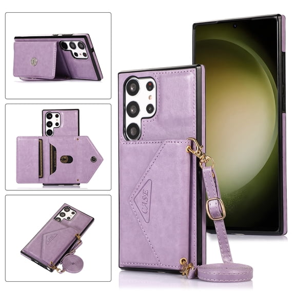 ELEHOLD Wallet Crossbody Case for Samsung Galaxy S24 Ultra with Detachable Strap,Magnetic Clasp Credit Card Holders PU Leather Kickstand Shockproof Case for Samsung S24 Ultra for Women Girls,Purple