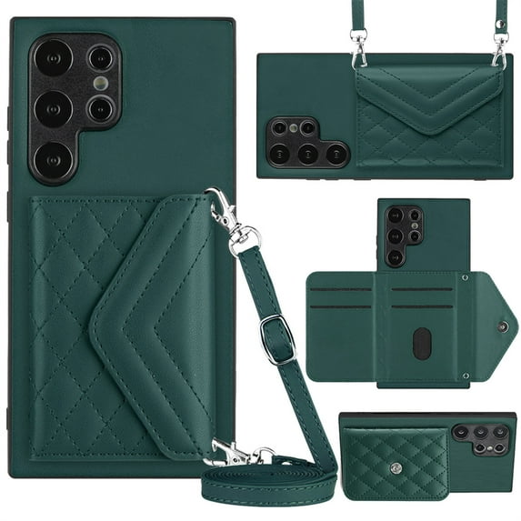 ELEHOLD Wallet Crossbody Case for Samsung Galaxy S24 Ultra Case with Flip Card Slots RFID Blocking Function Magnetic Closure Stand Detachable Crossbody Shoulder Strap for Women Girls,green