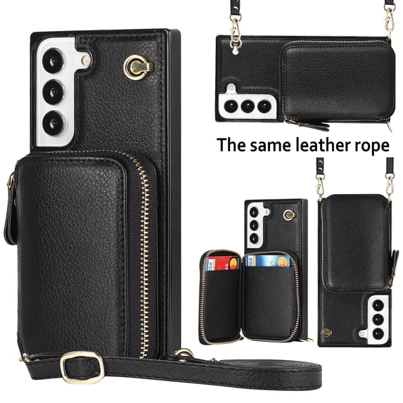 ELEHOLD Wallet Crossbody Case for Samsung Galaxy S24 Ultra,Zipper Wallet Card Holders Luxury PU Leather RFID Blocking Purse Cover with Detachable Shoulder Strap for Samsung Galaxy S24 Ultra,Black