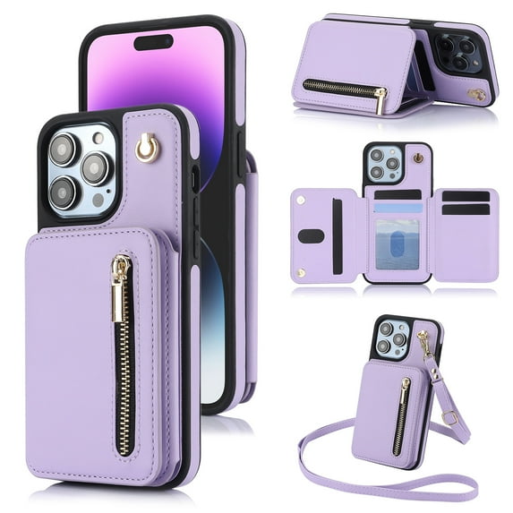 ELEHOLD Wallet Crossbody Case for iPhone 11 Pro Max with RFID Blocking Card Holders Zipper Purse Storage Kickstand Function Detachable Wrist Lanyard Shoulder Strap Shockproof Wallet Case,lightpurple