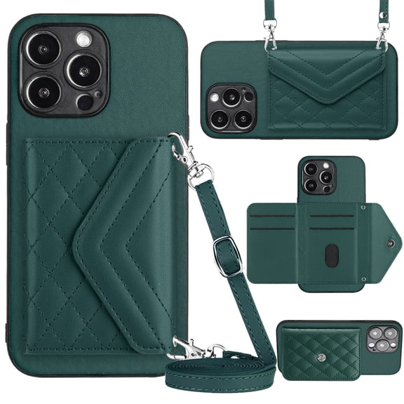 ELEHOLD Wallet Crossbody Case for iPhone 12 Case with Flip Card Slots RFID Blocking Function Magnetic Closure Stand Detachable Crossbody Shoulder Strap for Women Girls,green