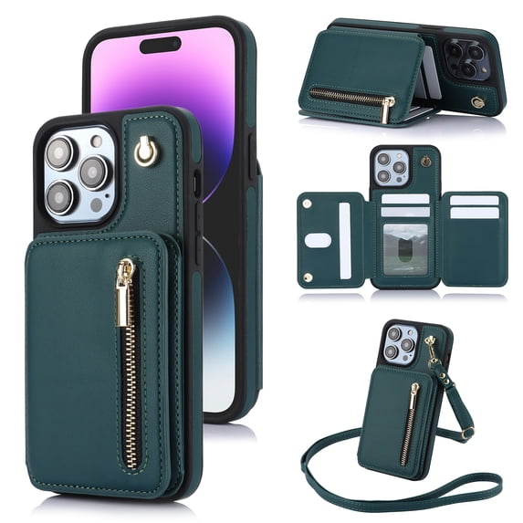 ELEHOLD Wallet Crossbody Case for iPhone 12 Pro / 12 6.1" with RFID Blocking Card Holders Zipper Purse Storage Kickstand Function Detachable Wrist Lanyard Shoulder Strap Shockproof Wallet Case,green