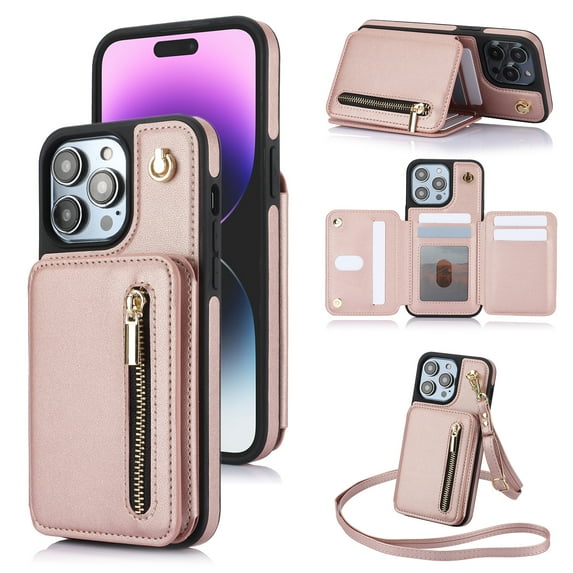 ELEHOLD Wallet Crossbody Case for iPhone 12 Pro / 12 with RFID Blocking Card Holders Zipper Purse Storage Kickstand Function Detachable Wrist Lanyard Shoulder Strap Shockproof Wallet Case,rosegold
