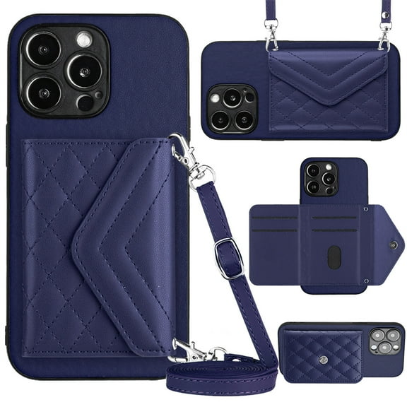 ELEHOLD Wallet Crossbody Case for iPhone 13 Pro Case with Flip Card Slots RFID Blocking Function Magnetic Closure Stand Detachable Crossbody Shoulder Strap for Women Girls,blue