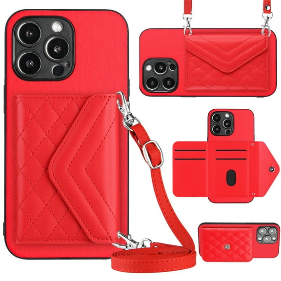 ELEHOLD Wallet Crossbody Case for iPhone 14 Case with Flip Card Slots RFID Blocking Function Magnetic Closure Stand Detachable Crossbody Shoulder Strap for Women Girls,red