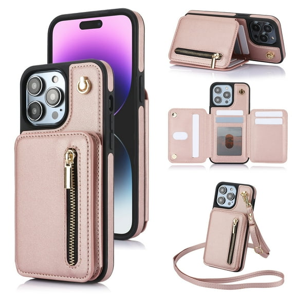 ELEHOLD Wallet Crossbody Case for iPhone 14 Plus with RFID Blocking Card Holders Zipper Purse Storage Kickstand Function Detachable Wrist Lanyard Shoulder Strap Shockproof Wallet Case,rosegold