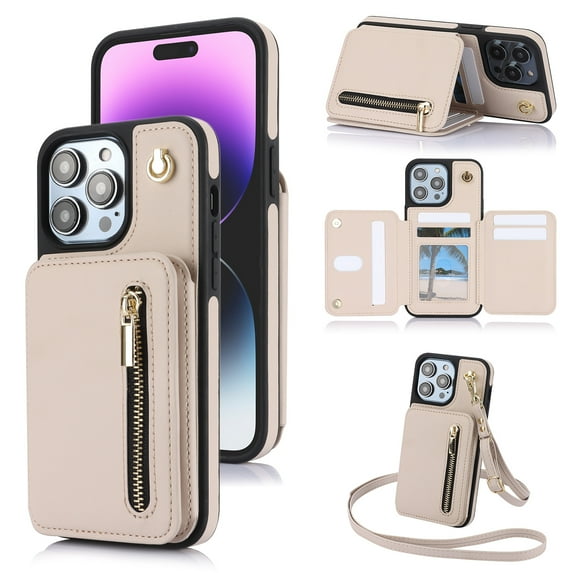 ELEHOLD Wallet Crossbody Case for iPhone 14 Plus with RFID Blocking Card Holders Zipper Purse Storage Kickstand Function Detachable Wrist Lanyard Shoulder Strap Shockproof Wallet Case,apricot