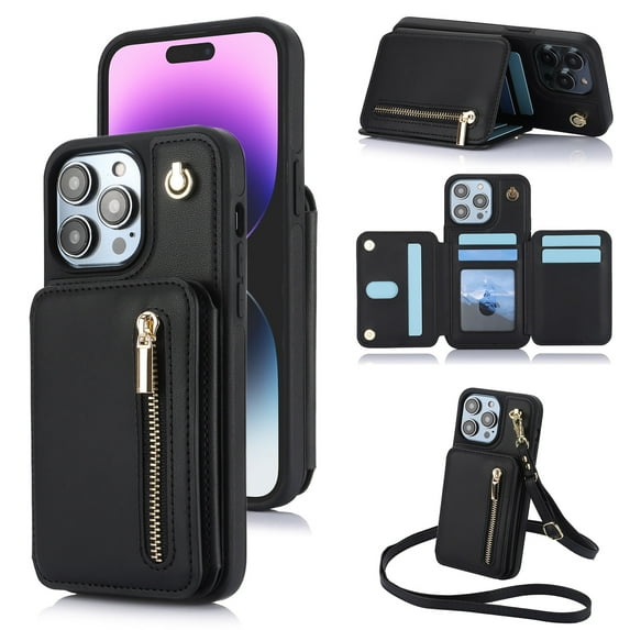 ELEHOLD Wallet Crossbody Case for iPhone 14 with RFID Blocking Card Holders Zipper Purse Storage Kickstand Function Detachable Wrist Lanyard Shoulder Strap Shockproof Wallet Case,black