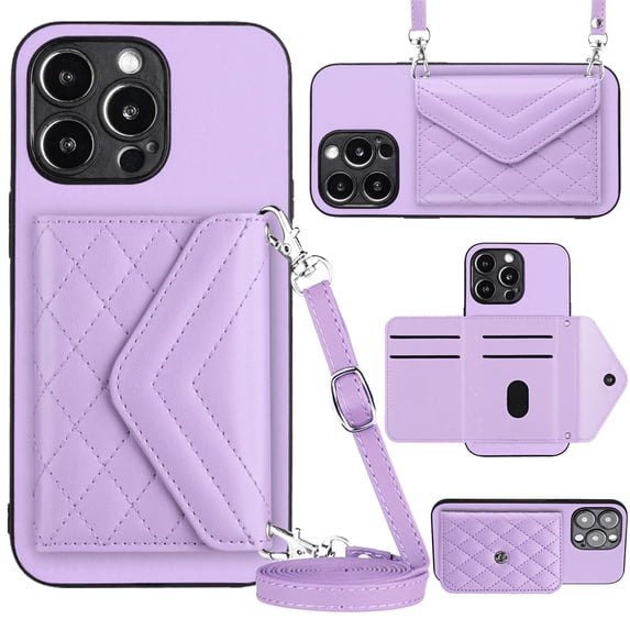 ELEHOLD Wallet Crossbody Case for iPhone 15 Plus Case with Flip Card Slots RFID Blocking Function Magnetic Closure Stand Detachable Crossbody Shoulder Strap for Women Girls,purple