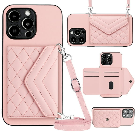ELEHOLD Wallet Crossbody Case for iPhone 15 Plus Case with Flip Card Slots RFID Blocking Function Magnetic Closure Stand Detachable Crossbody Shoulder Strap for Women Girls,pink