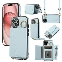 ELEHOLD Wallet Crossbody Case for iPhone 15 Plus,Luxury Lychee Texture Leather with Hidden Makeup Mirror Credit Card Slots All-Inclusive Lens Protection Ring Holder Shockproof Purse Cover,Blue