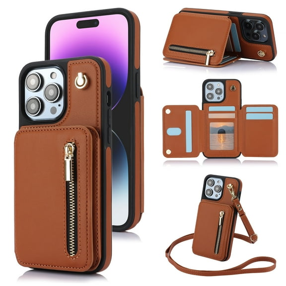 ELEHOLD Wallet Crossbody Case for iPhone 15 Plus with RFID Blocking Card Holders Zipper Purse Storage Kickstand Function Detachable Wrist Lanyard Shoulder Strap Shockproof Wallet Case,brown