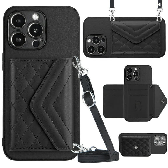 ELEHOLD Wallet Crossbody Case for iPhone 15 Pro Case with Flip Card Slots RFID Blocking Function Magnetic Closure Stand Detachable Crossbody Shoulder Strap for Women Girls,black