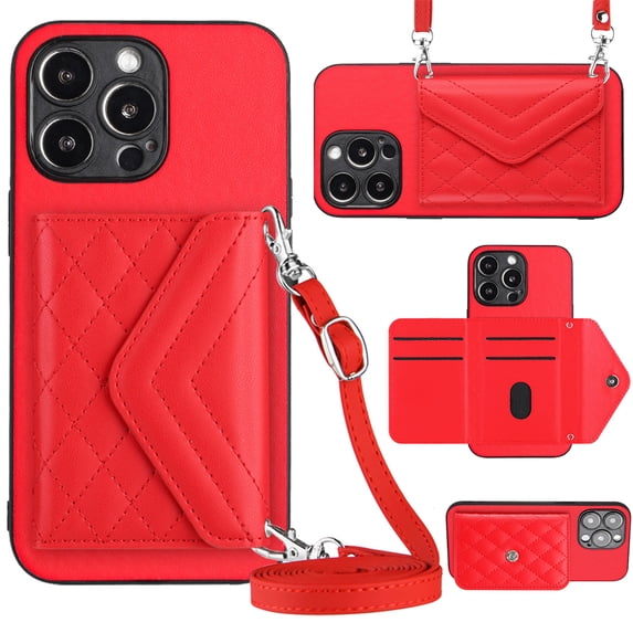 ELEHOLD Wallet Crossbody Case for iPhone 15 Pro Case with Flip Card Slots RFID Blocking Function Magnetic Closure Stand Detachable Crossbody Shoulder Strap for Women Girls,red