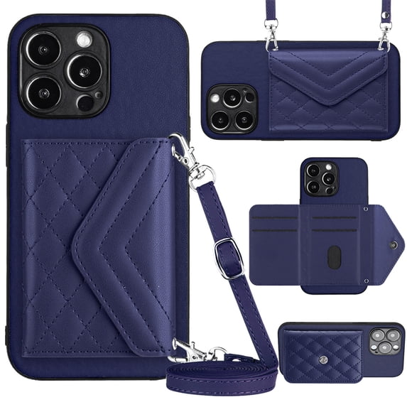 ELEHOLD Wallet Crossbody Case for iPhone 15 Pro Max Case with Flip Card Slots RFID Blocking Function Magnetic Closure Stand Detachable Crossbody Shoulder Strap for Women Girls,blue