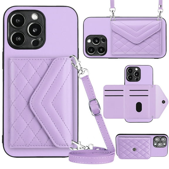 ELEHOLD Wallet Crossbody Case for iPhone 15 Pro Max Case with Flip Card Slots RFID Blocking Function Magnetic Closure Stand Detachable Crossbody Shoulder Strap for Women Girls,purple