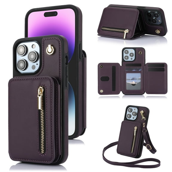 ELEHOLD Wallet Crossbody Case for iPhone 15 Pro with RFID Blocking Card Holders Zipper Purse Storage Kickstand Function Detachable Wrist Lanyard Shoulder Strap Shockproof Wallet Case,purple