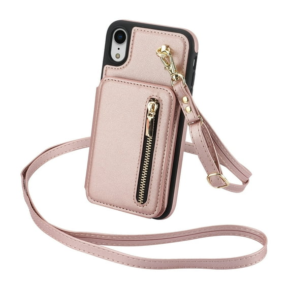 ELEHOLD Wallet Crossbody Case for iPhone XR with RFID Blocking Card Holders Zipper Purse Storage Kickstand Function Detachable Wrist Lanyard Shoulder Strap Shockproof Wallet Case,rosegold