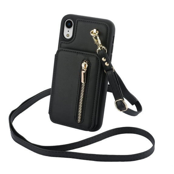 ELEHOLD Wallet Crossbody Case for iPhone XS/X with RFID Blocking Card Holders Zipper Purse Storage Kickstand Function Detachable Wrist Lanyard Shoulder Strap Shockproof Wallet Case,black