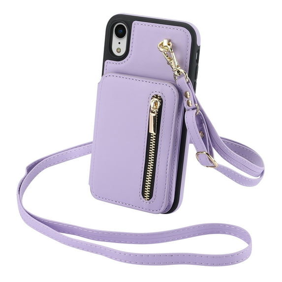 ELEHOLD Wallet Crossbody Case for iPhone XS/X with RFID Blocking Card Holders Zipper Purse Storage Kickstand Function Detachable Wrist Lanyard Shoulder Strap Shockproof Wallet Case,lightpurple