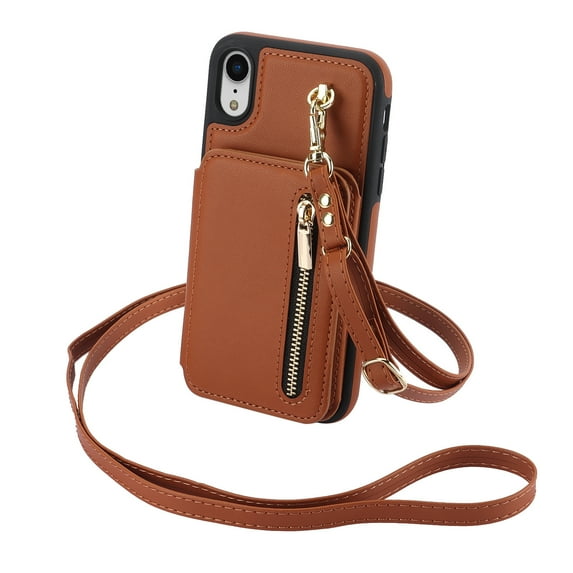 ELEHOLD Wallet Crossbody Case for iPhone XS/X with RFID Blocking Card Holders Zipper Purse Storage Kickstand Function Detachable Wrist Lanyard Shoulder Strap Shockproof Wallet Case,brown