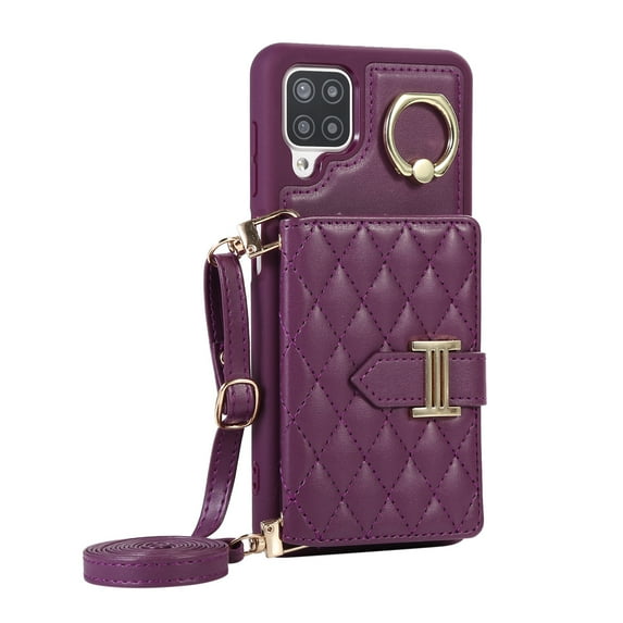 ELEHOLD Wallet Crossbody for Samsung Galaxy A12 Case with Lanyard Wrist Strap Credit Card Holder, PU Leather Protective Phone Case with Ring Holder,Deep Purple