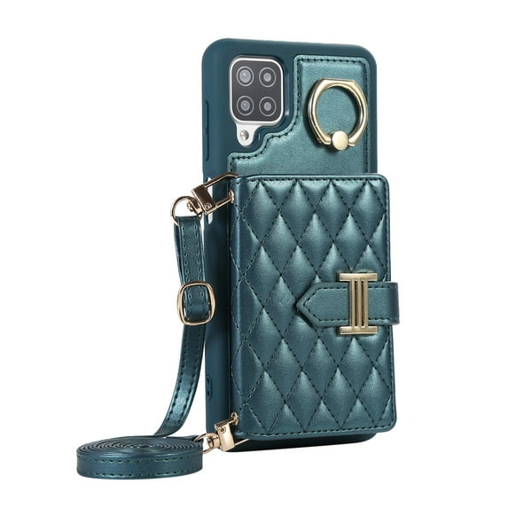 ELEHOLD Wallet Crossbody for Samsung Galaxy A12 Case with Lanyard Wrist Strap Credit Card Holder, PU Leather Protective Phone Case with Ring Holder,Green