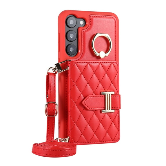 ELEHOLD Wallet Crossbody for Samsung Galaxy A14 5G Case with Lanyard Wrist Strap Credit Card Holder, PU Leather Protective Phone Case with Ring Holder,Red