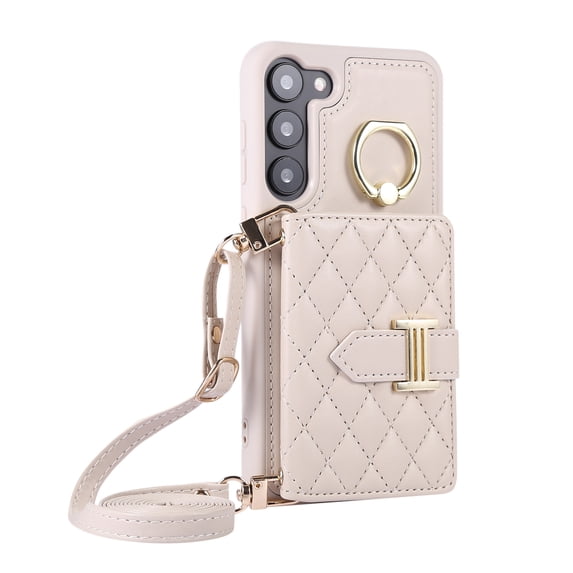 ELEHOLD Wallet Crossbody for Samsung Galaxy A54 5G Case with Lanyard Wrist Strap Credit Card Holder, PU Leather Protective Phone Case with Ring Holder,Beige