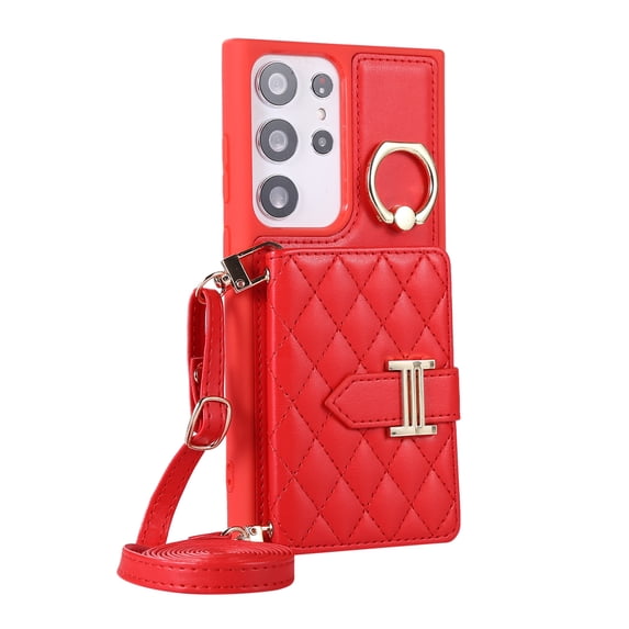 ELEHOLD Wallet Crossbody for Samsung Galaxy S20 Ultra Case with Lanyard Wrist Strap Credit Card Holder, PU Leather Protective Phone Case with Ring Holder,Red