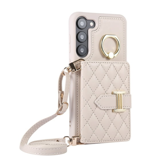 ELEHOLD Wallet Crossbody for Samsung Galaxy S22 Case with Lanyard Wrist Strap Credit Card Holder, PU Leather Protective Phone Case with Ring Holder,Beige
