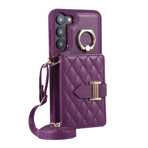 ELEHOLD Wallet Crossbody for Samsung Galaxy S23 Plus Case with Lanyard Wrist Strap Credit Card Holder, PU Leather Protective Phone Case with Ring Holder,Deep Purple