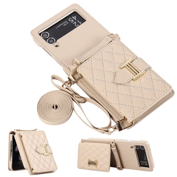 ELEHOLD Wallet Crossbody for Samsung Galaxy Z Flip 4 Case with Lanyard Wrist Strap Credit Card Holder, PU Leather Protective Phone Case with Ring Holder,Beige
