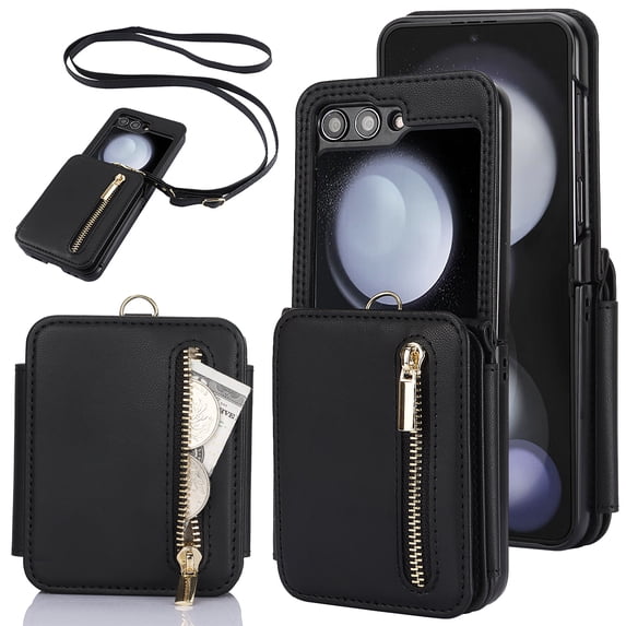 ELEHOLD Wallet Crossbody for Samsung Galaxy Z Flip 5 Case with Zipper Pocket RFID Blocking Function Card Slots Kickstand Back Card Wallet Leather Shockproof Case for Samsung Z Flip 5,Black
