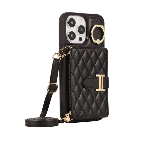 ELEHOLD Wallet Crossbody for iPhone 11 Pro Max Case with Lanyard Wrist Strap Credit Card Holder, PU Leather Protective Phone Case with Ring Holder,Black