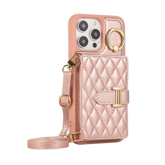 ELEHOLD Wallet Crossbody for iPhone 14 Pro Case with Lanyard Wrist Strap Credit Card Holder, PU Leather Protective Phone Case with Ring Holder,Rosegold