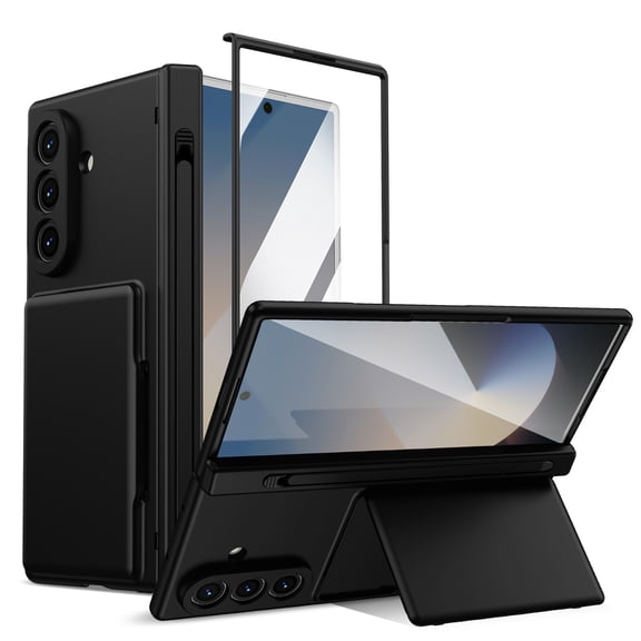 ELEHOLD Wallet Flip Kickstand Case for Samsung Galaxy Z Fold 5, Shockproof Hinge Cover with Stylus Pen Screen Protector, Built-in Pen Slot, Black