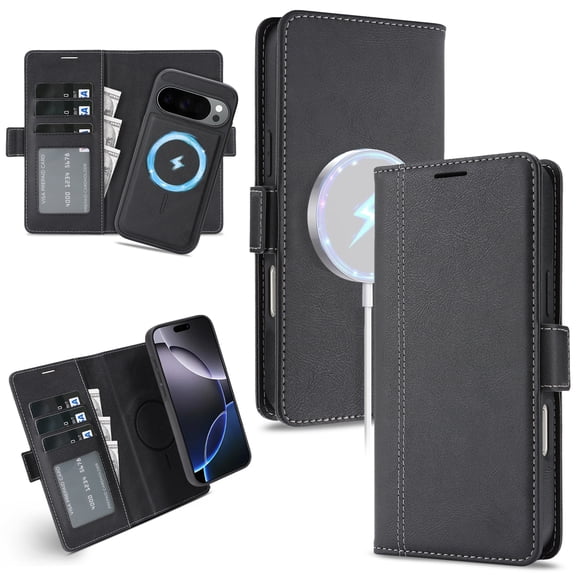 ELEHOLD Wallet Magnetic Case For Google Pixel 10 /10 Pro Detachable Back,  Compatible with Mag-safe, 2 in 1 Shockproof Soft PU Leather Flip Card Slot Magnetic Case ,Black
