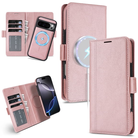 ELEHOLD Wallet Magnetic Case For Google Pixel 10 /10 Pro Detachable Back,  Compatible with Mag-safe, 2 in 1 Shockproof Soft PU Leather Flip Card Slot Magnetic Case ,Pink