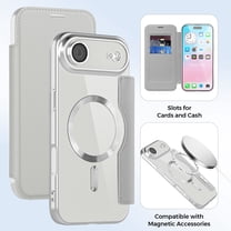 ELEHOLD Wallet Magnetic Case for iPhone 17 Air With Lens Film Transparent Clear Back RFID Card Holders Compatible with Mag Safe Shockproof Anti-Scratches Protection Case, Grey
