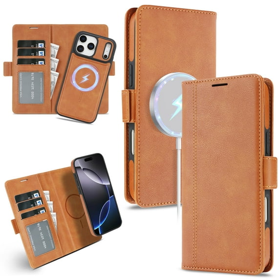 ELEHOLD Wallet Magnetic Case For iPhone 17 Detachable Back, Compatible with Mag-safe, 2 in 1 Shockproof Soft PU Leather Flip Card Slot Magnetic Case,Brown
