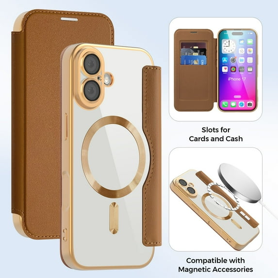 ELEHOLD Wallet Magnetic Case for iPhone 17 With Lens Film Transparent Clear Back RFID Card Holders Compatible with Mag Safe Shockproof Anti-Scratches Protection Case, Brown
