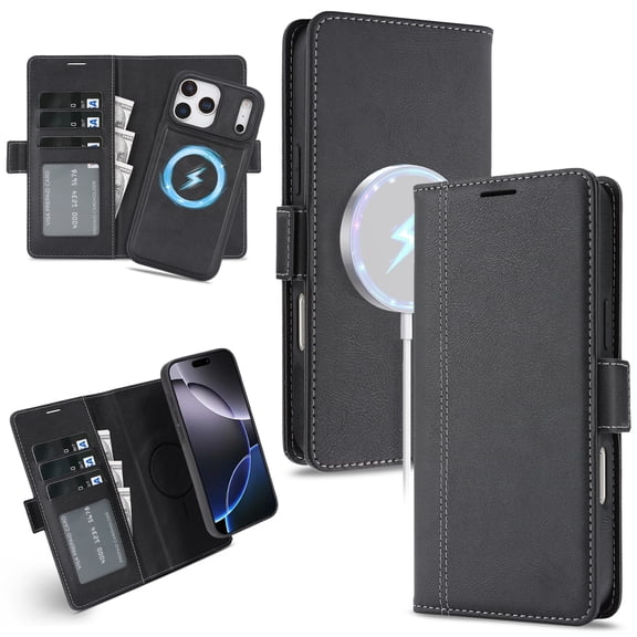 ELEHOLD Wallet Magnetic Case For iPhone 17 Pro Max Detachable Back,  Compatible with Mag-safe, 2 in 1 Shockproof Soft PU Leather Flip Card Slot Magnetic Case ,Black