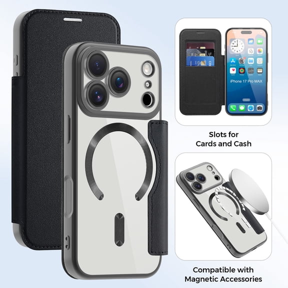 ELEHOLD Wallet Magnetic Case for iPhone 17 Pro Max With Lens Film Transparent Clear Back RFID Card Holders Compatible with Mag Safe Shockproof Anti-Scratches Protection Case, Black