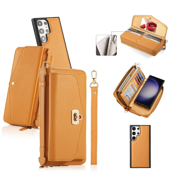 ELEHOLD Wallet Phone Bag with Case for Samsung Galaxy S22 Large Capacity Multi-Functional Case with Card Holders Zipper Purse Wriststrap Crossbody Shoulder Strap Handbag Case for Women Girls,orange