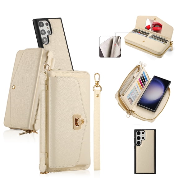 ELEHOLD Wallet Phone Bag with Case for Samsung Galaxy S22 Plus Large Capacity Multi-Functional Case with Card Holders Zipper Purse Wriststrap Crossbody Shoulder Strap Handbag for Women Girls,beige