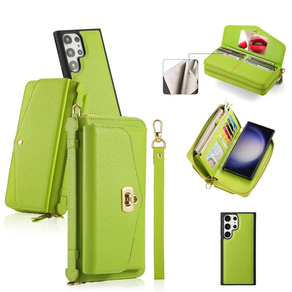 ELEHOLD Wallet Phone Bag with Case for Samsung Galaxy S23 Large Capacity Multi-Functional Case with Card Holders Zipper Purse Wriststrap Crossbody Shoulder Strap Handbag Case for Women Girls,green