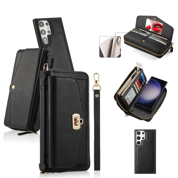 ELEHOLD Wallet Phone Bag with Case for Samsung Galaxy S23 Large Capacity Multi-Functional Case with Card Holders Zipper Purse Wriststrap Crossbody Shoulder Strap Handbag Case for Women Girls,black